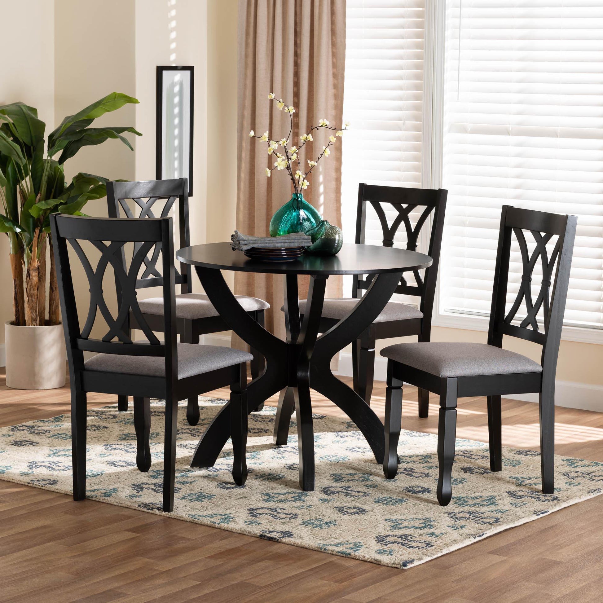 Baxton Studio April Modern Grey Fabric and Dark Brown Finished Wood 5-Piece Dining Set FredCo