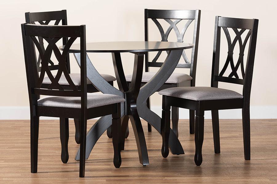 Baxton Studio April Modern Grey Fabric and Dark Brown Finished Wood 5-Piece Dining Set FredCo
