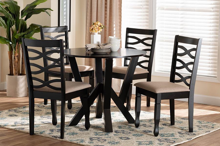 Baxton Studio Ariane Modern Sand Fabric and Dark Brown Finished Wood 5-Piece Dining Set FredCo