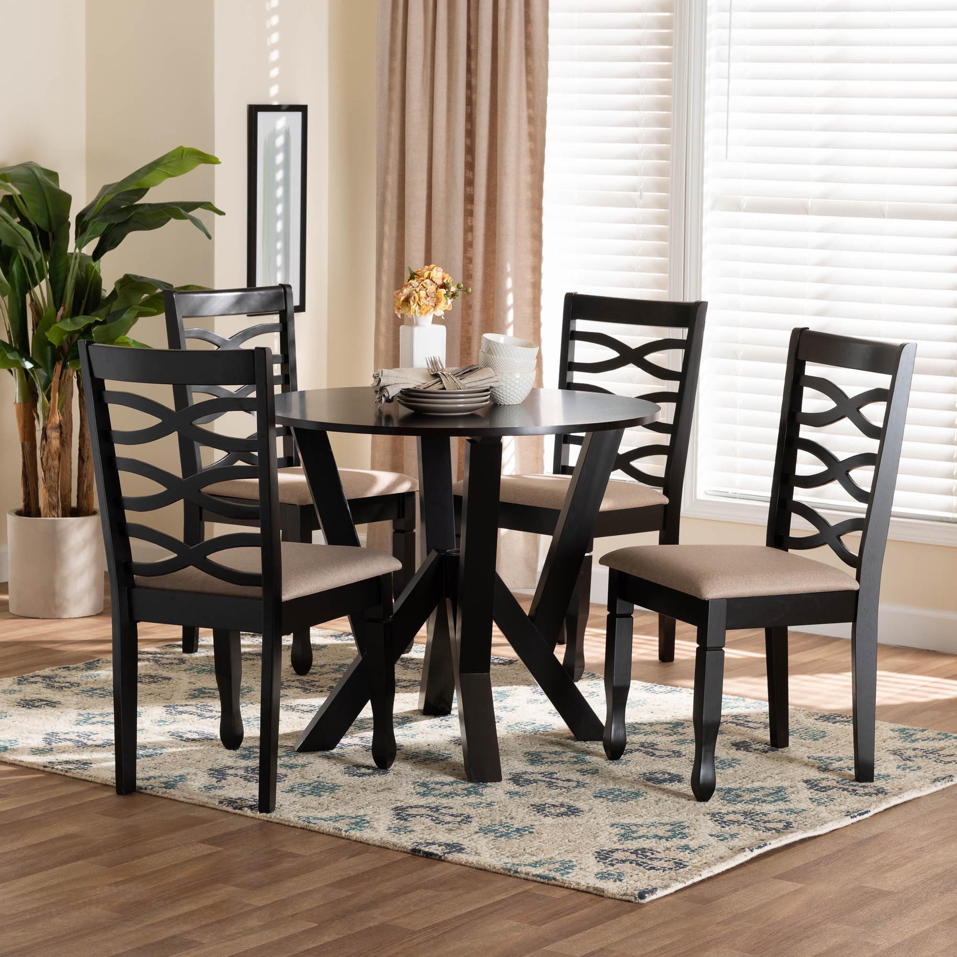 Baxton Studio Ariane Modern Sand Fabric and Dark Brown Finished Wood 5-Piece Dining Set FredCo