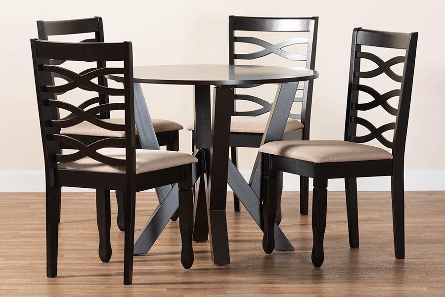 Baxton Studio Ariane Modern Sand Fabric and Dark Brown Finished Wood 5-Piece Dining Set FredCo