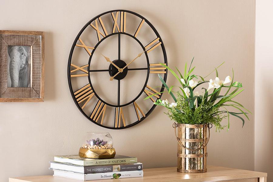 Baxton Studio Auden Modern Industrial Two-Tone Black and Gold Metal Wall Clock FredCo