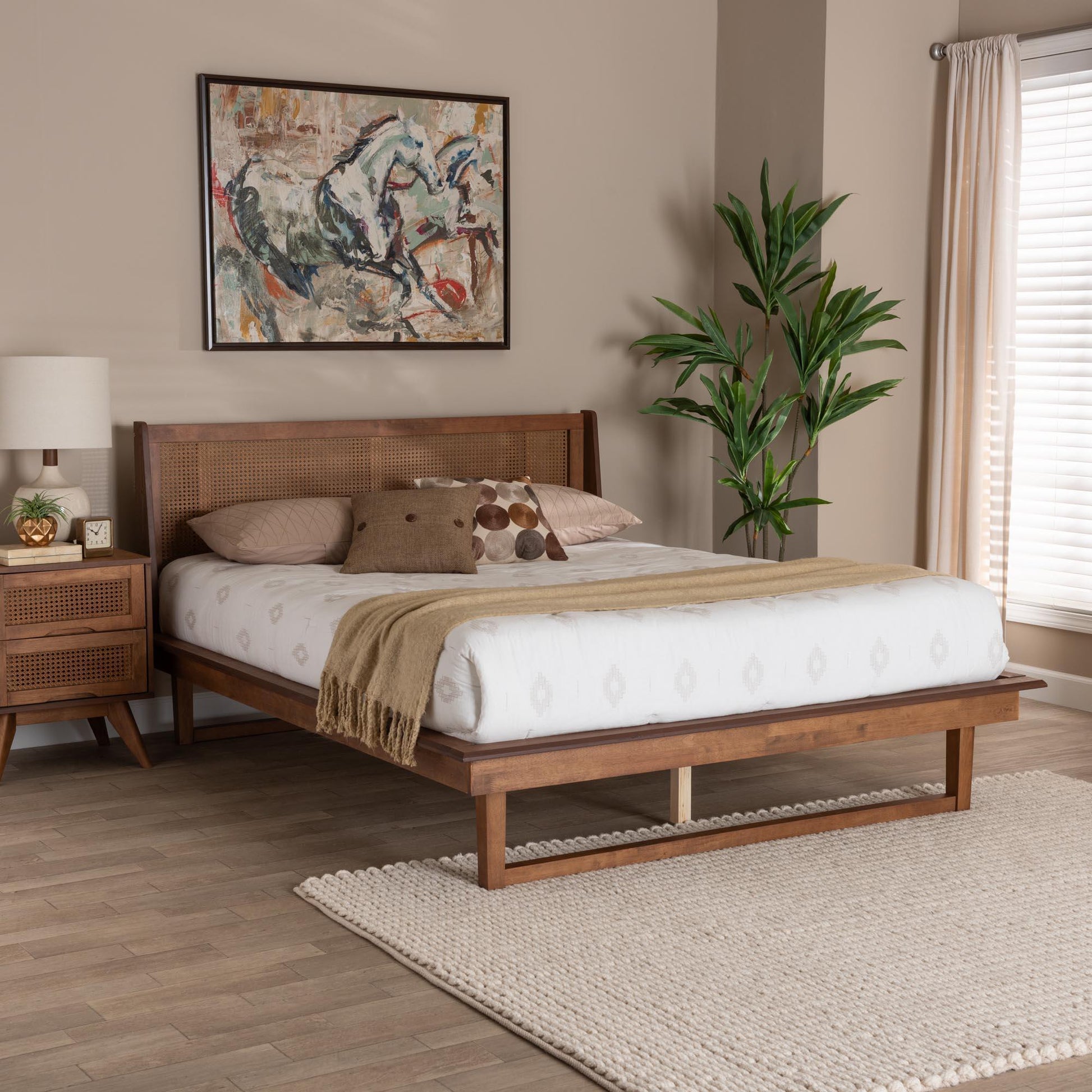 Baxton Studio Aveena Mid-Century Modern Walnut Brown Finished Wood Platform Bed FredCo