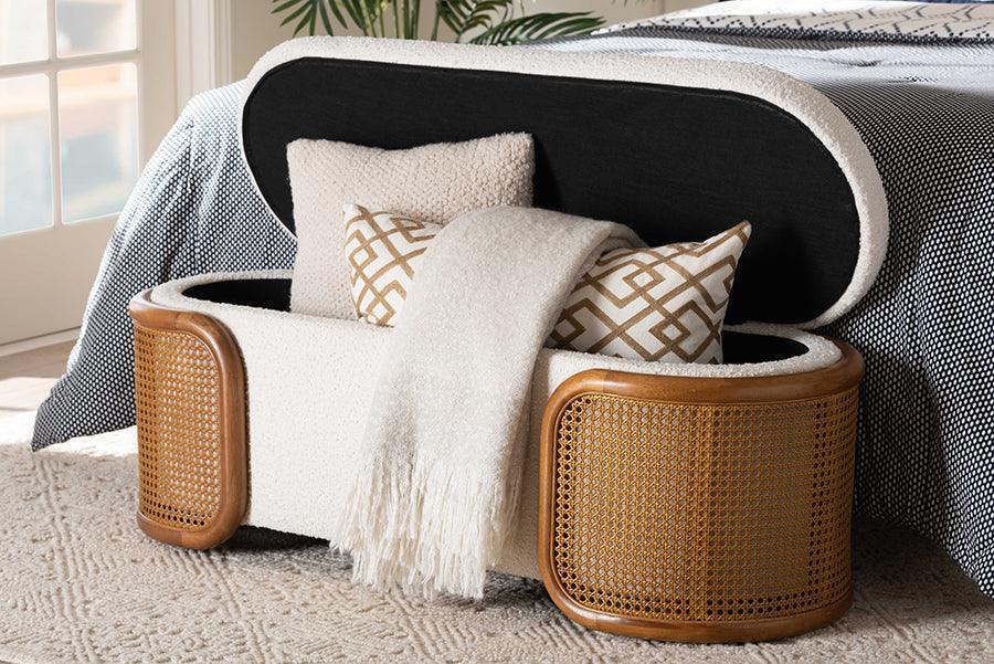 Baxton Studio Basira Japandi Cream Boucle Fabric Storage Bench with Woven Rattan FredCo
