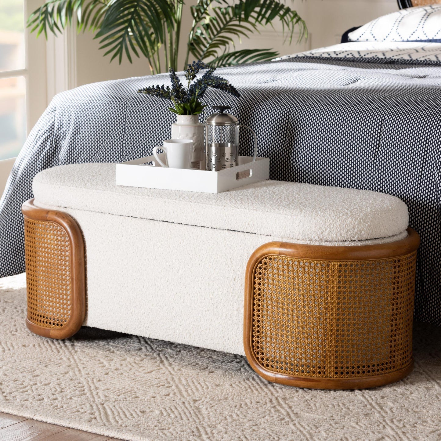 Baxton Studio Basira Japandi Cream Boucle Fabric Storage Bench with Woven Rattan FredCo