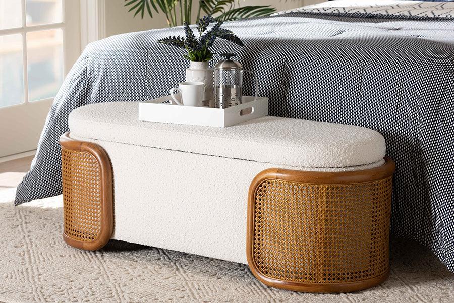 Baxton Studio Basira Japandi Cream Boucle Fabric Storage Bench with Woven Rattan FredCo