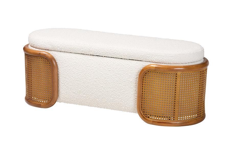 Baxton Studio Basira Japandi Cream Boucle Fabric Storage Bench with Woven Rattan FredCo