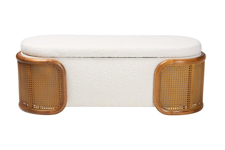 Baxton Studio Basira Japandi Cream Boucle Fabric Storage Bench with Woven Rattan FredCo