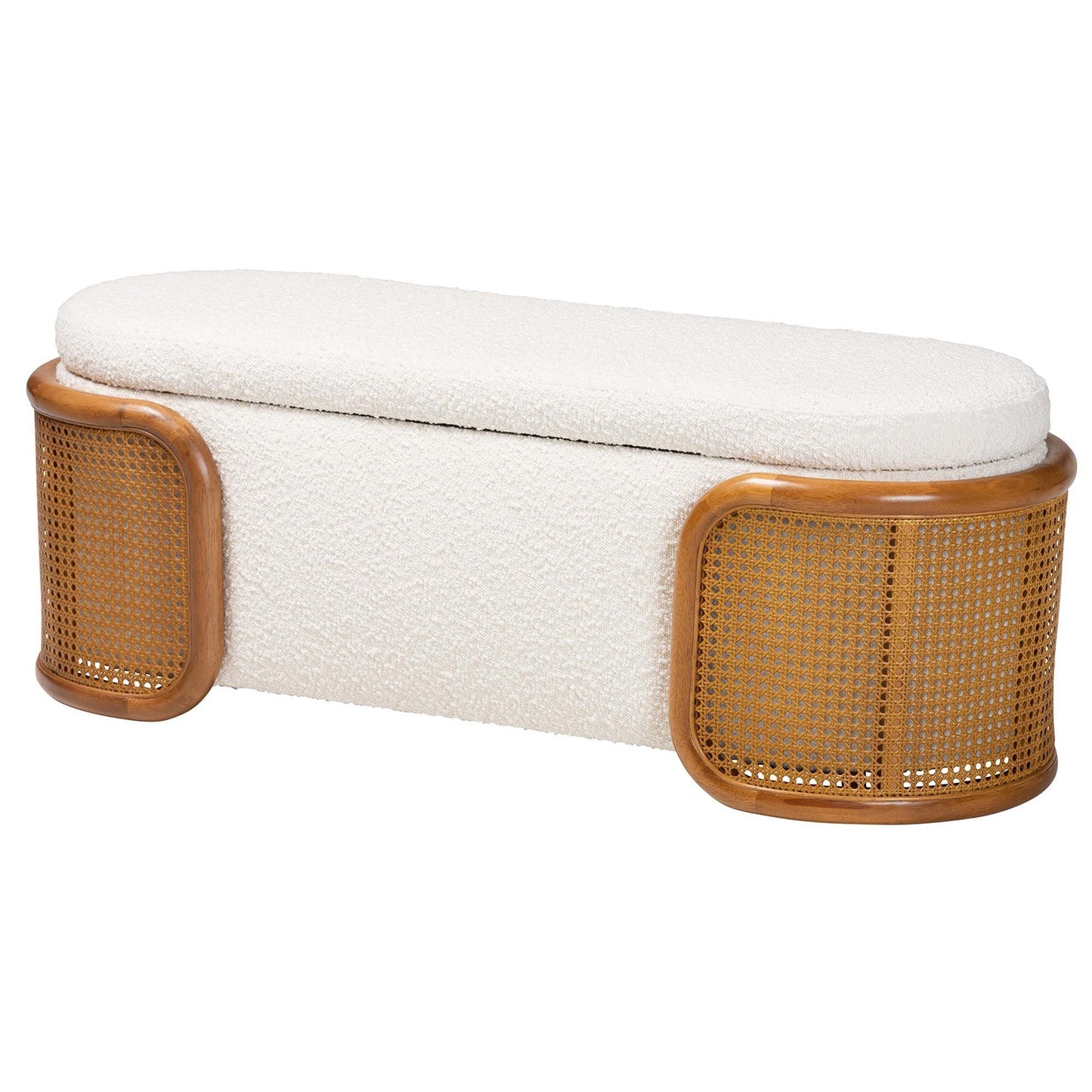 Baxton Studio Basira Japandi Cream Boucle Fabric Storage Bench with Woven Rattan FredCo