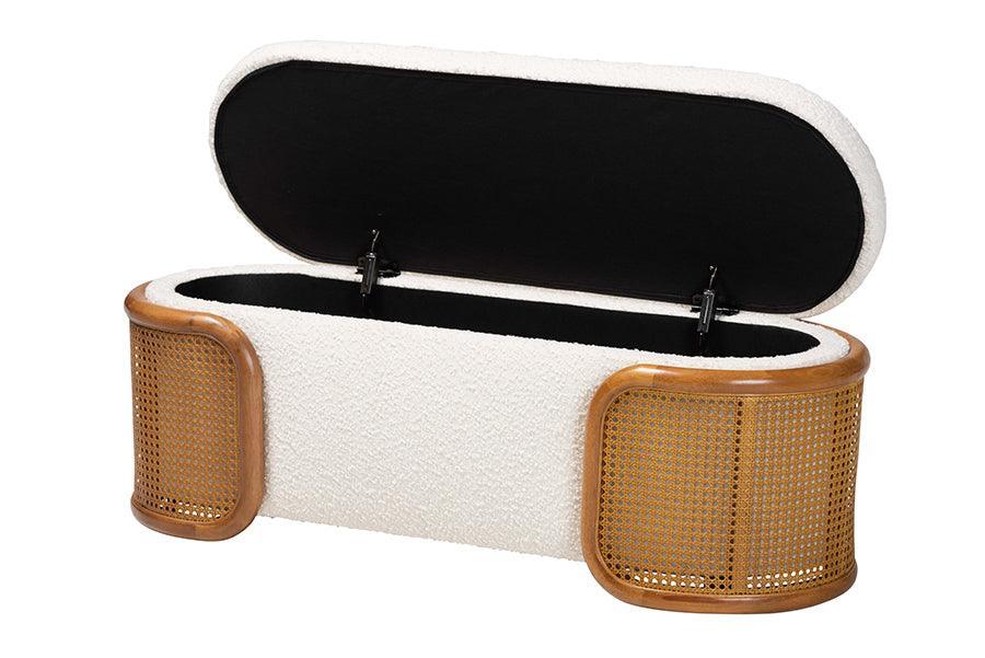 Baxton Studio Basira Japandi Cream Boucle Fabric Storage Bench with Woven Rattan FredCo