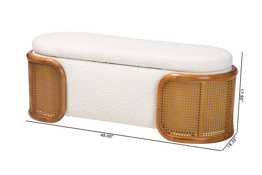 Baxton Studio Basira Japandi Cream Boucle Fabric Storage Bench with Woven Rattan FredCo