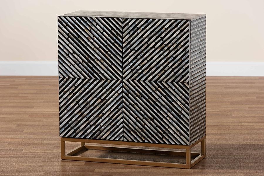 Baxton Studio Belenus Modern Bohemian Two-Tone Black and Grey Mother of Pearl and Gold Metal Storage Cabinet FredCo