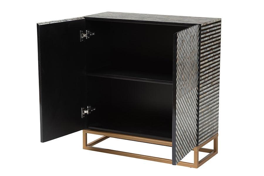 Baxton Studio Belenus Modern Bohemian Two-Tone Black and Grey Mother of Pearl and Gold Metal Storage Cabinet FredCo