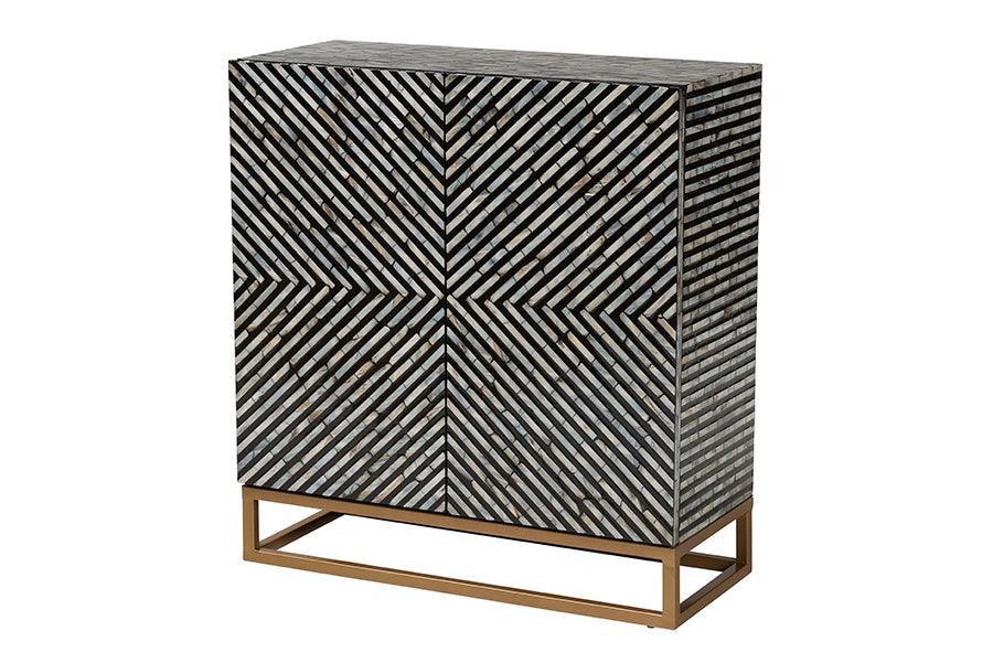 Baxton Studio Belenus Modern Bohemian Two-Tone Black and Grey Mother of Pearl and Gold Metal Storage Cabinet FredCo