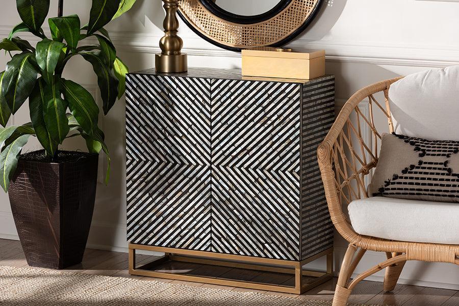 Baxton Studio Belenus Modern Bohemian Two-Tone Black and Grey Mother of Pearl and Gold Metal Storage Cabinet FredCo