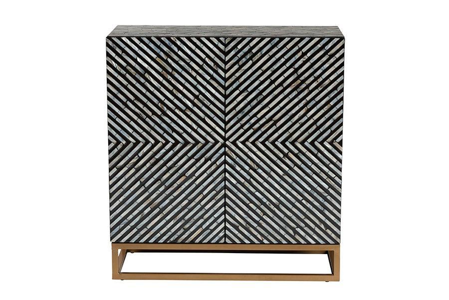 Baxton Studio Belenus Modern Bohemian Two-Tone Black and Grey Mother of Pearl and Gold Metal Storage Cabinet FredCo