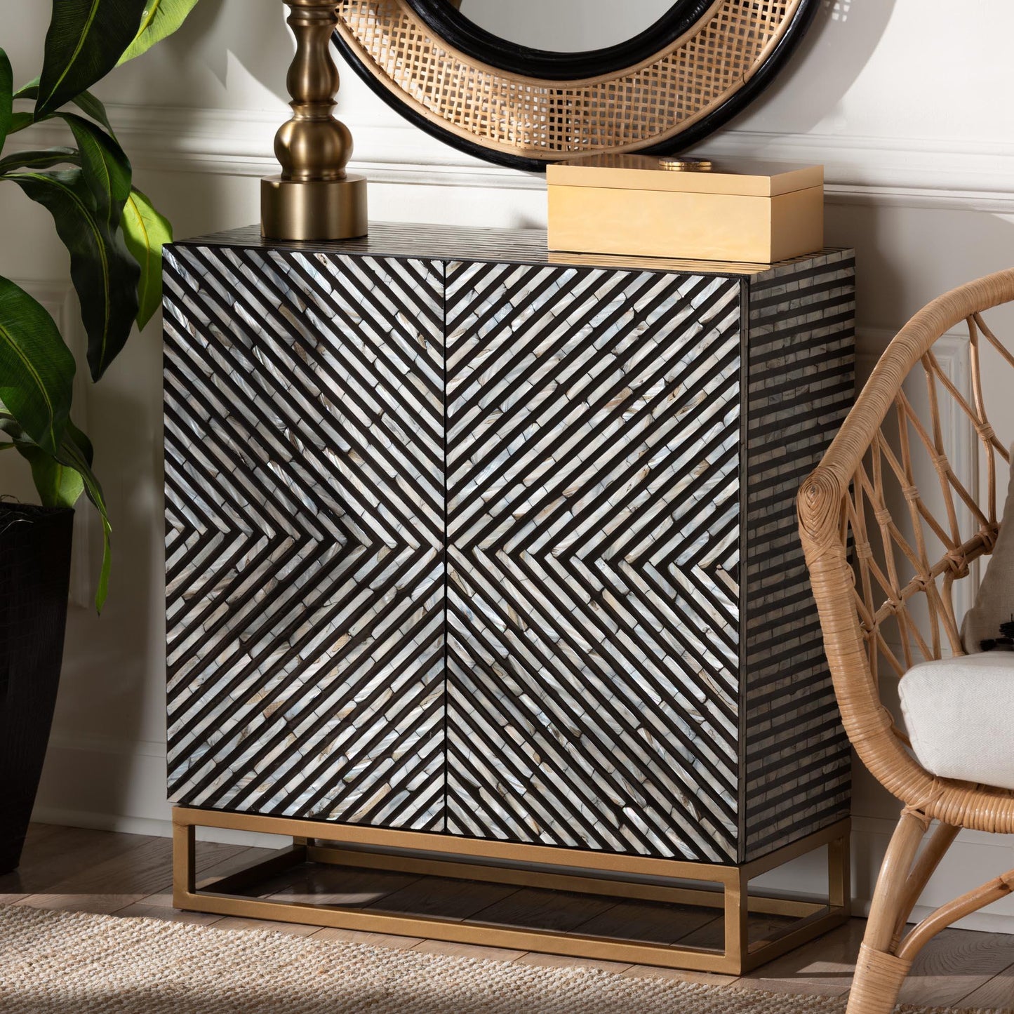 Baxton Studio Belenus Modern Bohemian Two-Tone Black and Grey Mother of Pearl and Gold Metal Storage Cabinet FredCo