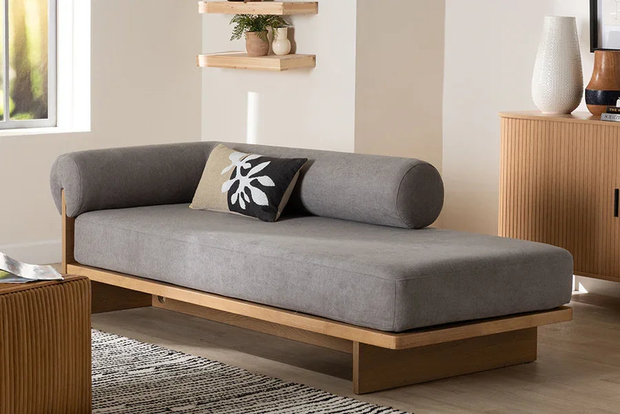 Baxton Studio Bertille Left-Arm Chaise Lounge with Solid Wood Base - Minimalist Sofa Daybed with Grey Fabric Cushion and Bolster Pillow for Living Room or Bedroom Decor FredCo