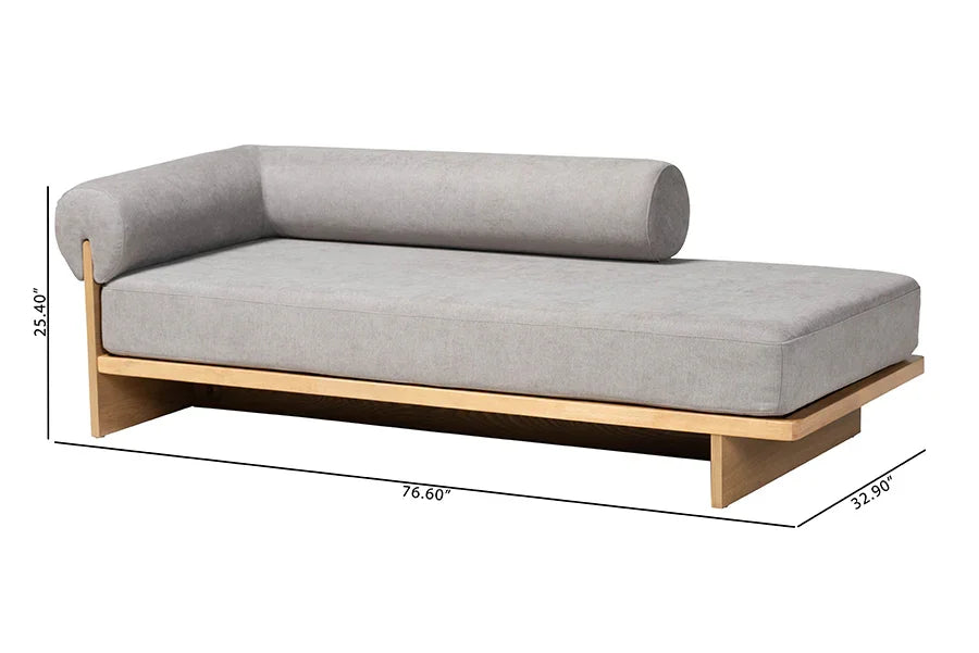 Baxton Studio Bertille Left-Arm Chaise Lounge with Solid Wood Base - Minimalist Sofa Daybed with Grey Fabric Cushion and Bolster Pillow for Living Room or Bedroom Decor FredCo