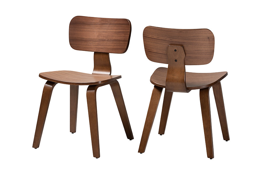Pair of modern wooden dining chairs with curved seats and backs, FredCo International furniture