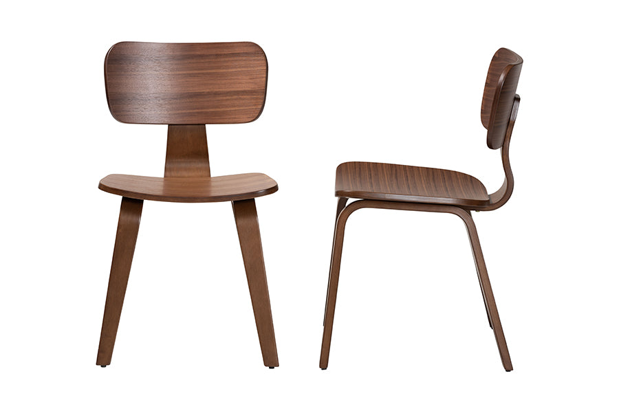 Modern wooden dining chair with curved back and seat, front and side views