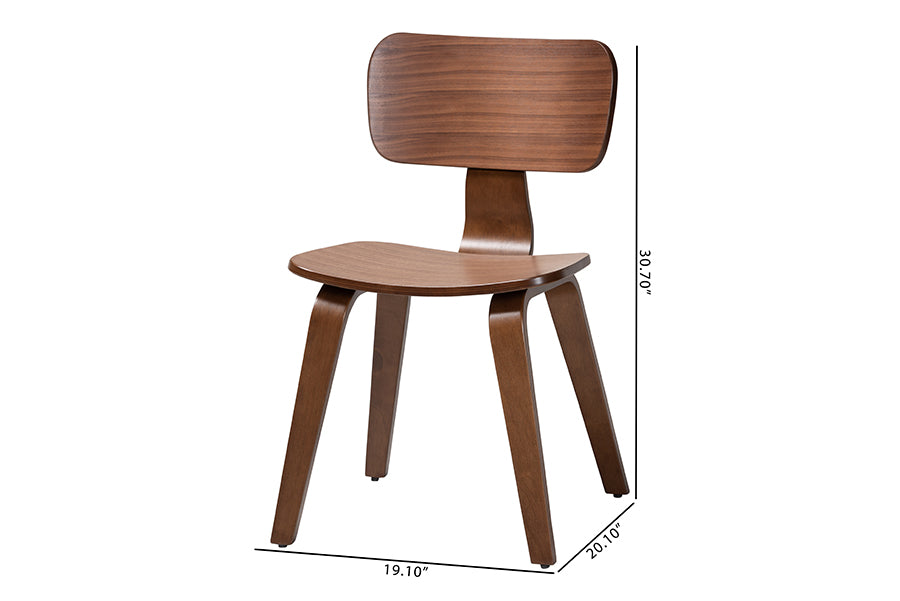Modern wooden chair with curved backrest and seat, shown with dimensions, FredCo International