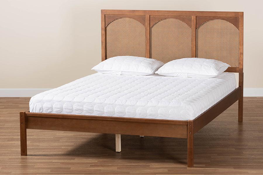 Baxton Studio Blossom Classic and Traditional Ash Walnut Finished Wood and Rattan Platform Bed FredCo