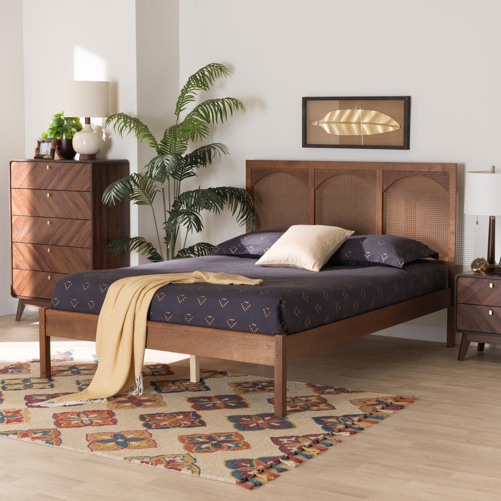 Baxton Studio Blossom Classic and Traditional Ash Walnut Finished Wood and Rattan Platform Bed FredCo