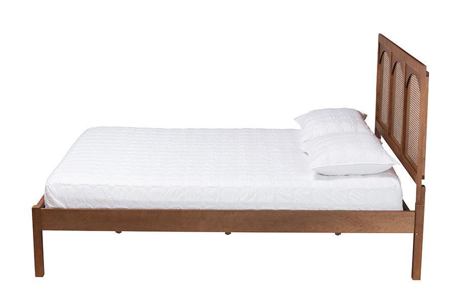 Baxton Studio Blossom Classic and Traditional Ash Walnut Finished Wood and Rattan Platform Bed FredCo