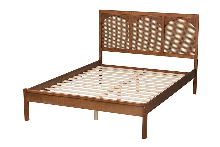 Baxton Studio Blossom Classic and Traditional Ash Walnut Finished Wood and Rattan Platform Bed FredCo