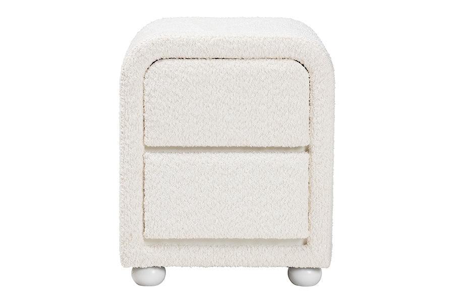 Baxton Studio Bonilla Modern White Teddy-Bear Fabric and Rubberwood 2-Drawer Nightstand FredCo