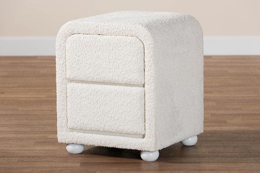 Baxton Studio Bonilla Modern White Teddy-Bear Fabric and Rubberwood 2-Drawer Nightstand FredCo