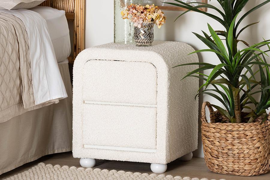 Baxton Studio Bonilla Modern White Teddy-Bear Fabric and Rubberwood 2-Drawer Nightstand FredCo