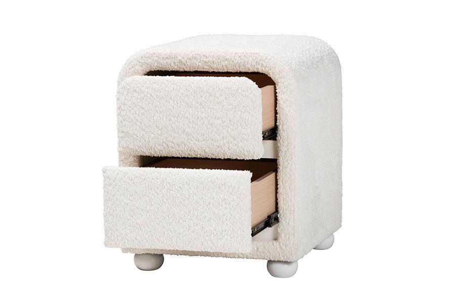 Baxton Studio Bonilla Modern White Teddy-Bear Fabric and Rubberwood 2-Drawer Nightstand FredCo