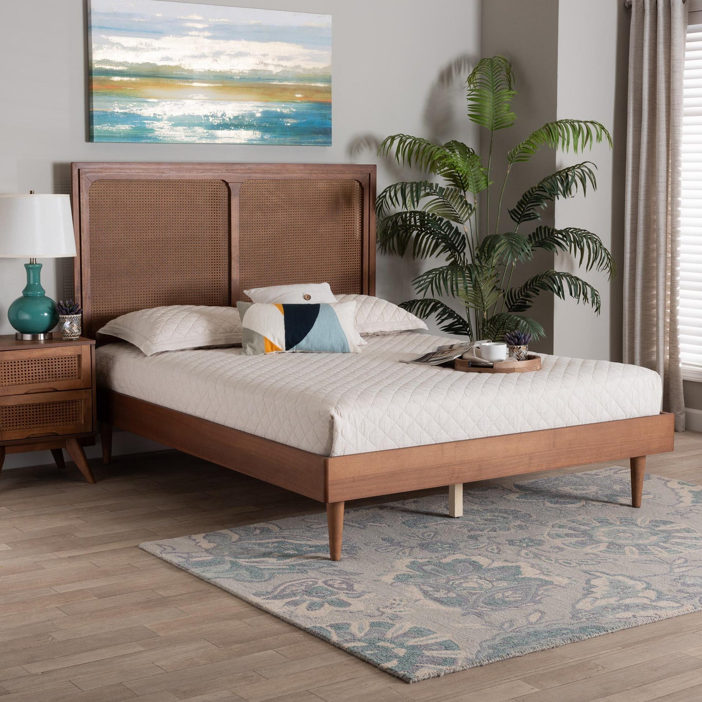 Baxton Studio Boris Mid-Century Modern Ash Walnut Woven Rattan Queen Size Bed FredCo