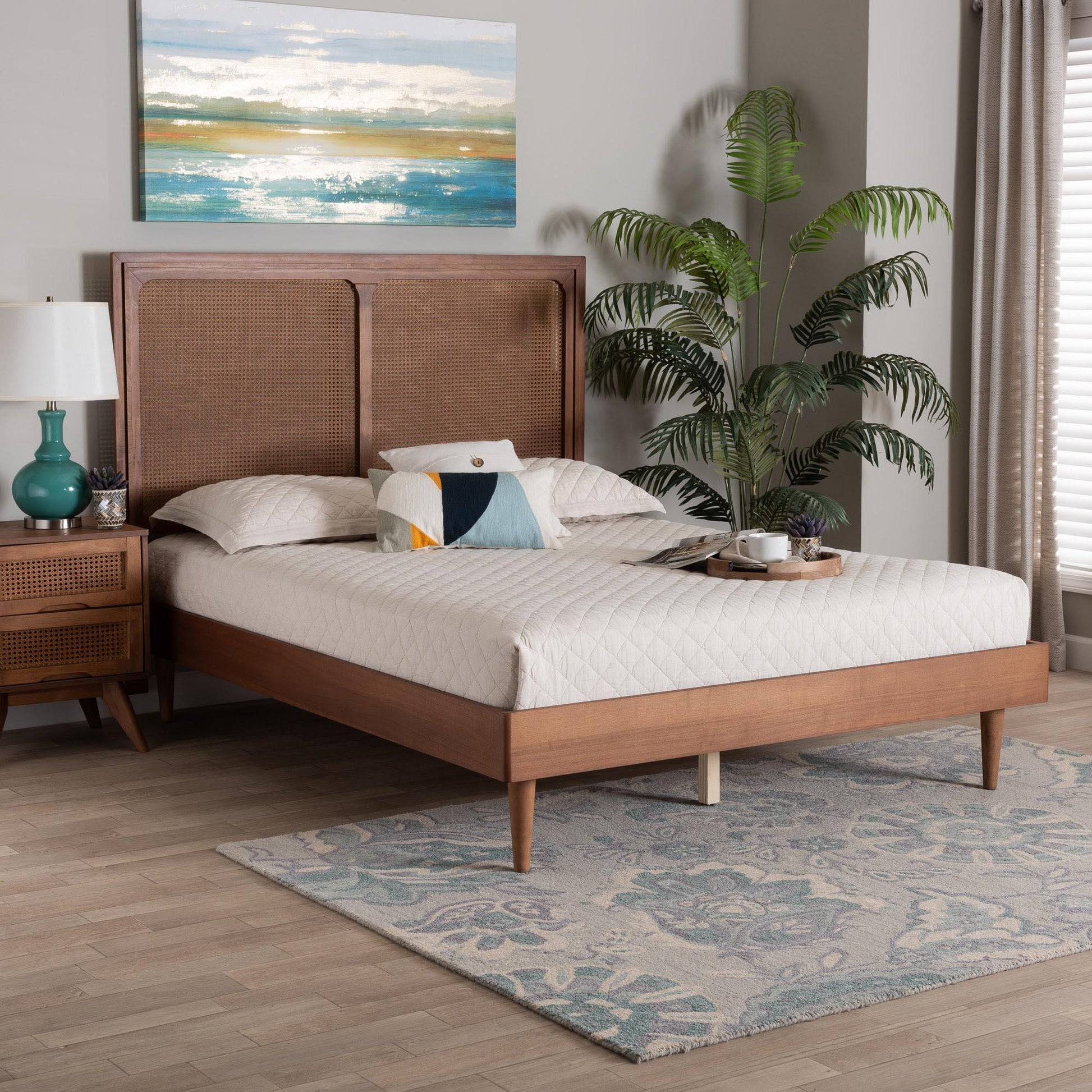 Baxton Studio Boris Mid-Century Modern Ash Walnut Woven Rattan Queen Size Bed FredCo