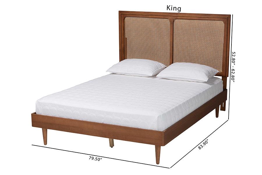 Baxton Studio Boris Mid-Century Modern Ash Walnut Woven Rattan Queen Size Bed FredCo