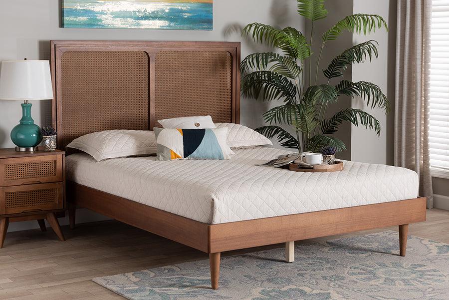 Baxton Studio Boris Mid-Century Modern Ash Walnut Woven Rattan Queen Size Bed FredCo