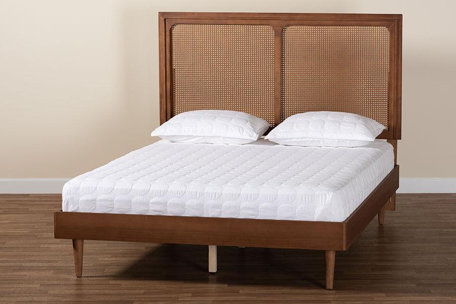 Baxton Studio Boris Mid-Century Modern Ash Walnut Woven Rattan Queen Size Bed FredCo