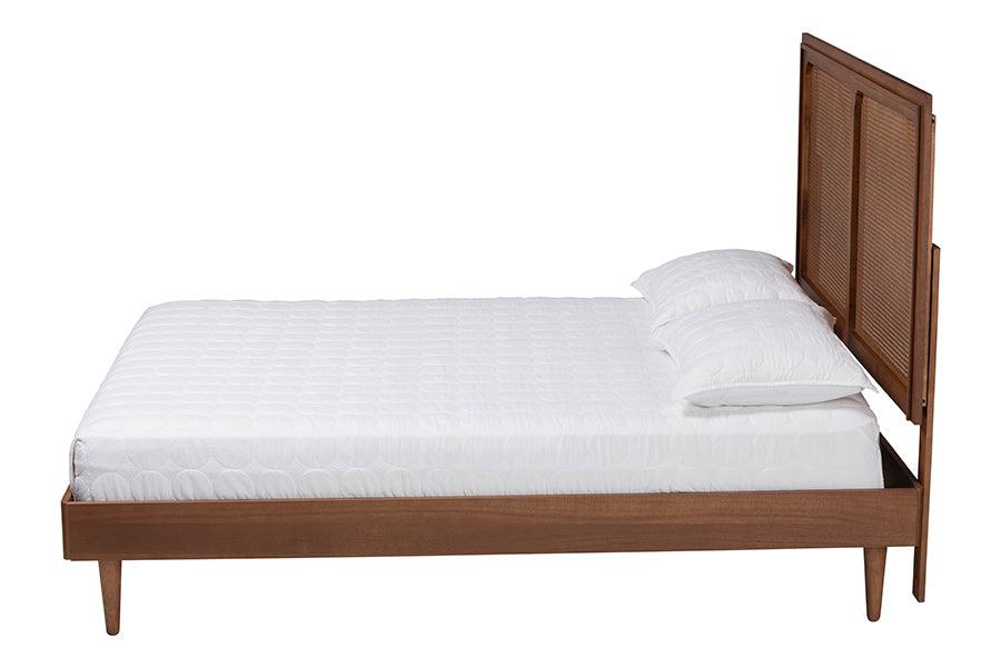Baxton Studio Boris Mid-Century Modern Ash Walnut Woven Rattan Queen Size Bed FredCo