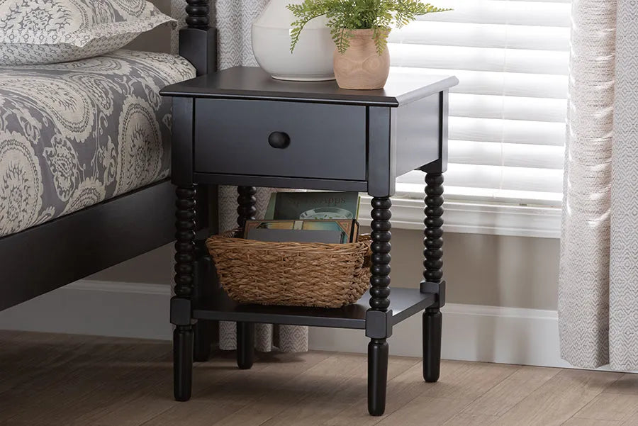 Baxton Studio Braith Farmhouse Black Spindle Wood 1-Drawer Nightstand FredCo