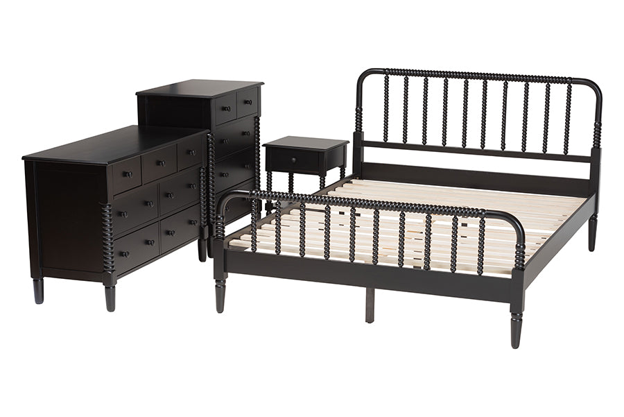 Baxton Studio Braith Farmhouse Black Spindle Wood King Size 4-Piece Bedroom Set FredCo