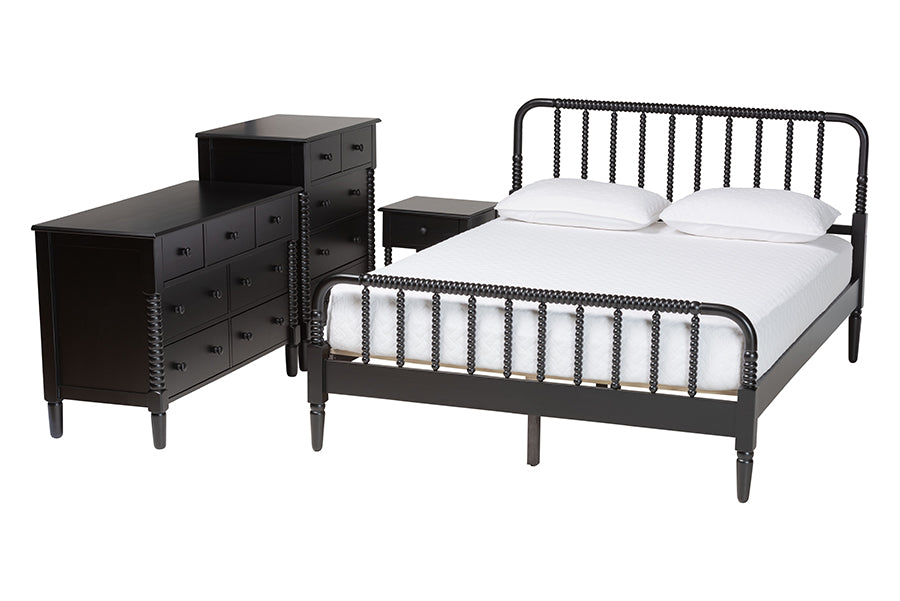 Baxton Studio Braith Farmhouse Black Spindle Wood King Size 4-Piece Bedroom Set FredCo