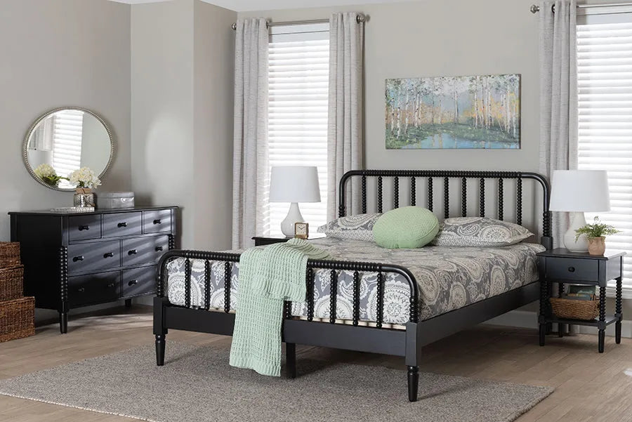 Baxton Studio Braith Farmhouse Black Spindle Wood King Size 4-Piece Bedroom Set with Two Nightstands FredCo