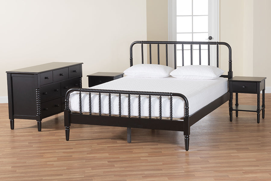 Baxton Studio Braith Farmhouse Black Spindle Wood King Size 4-Piece Bedroom Set with Two Nightstands FredCo