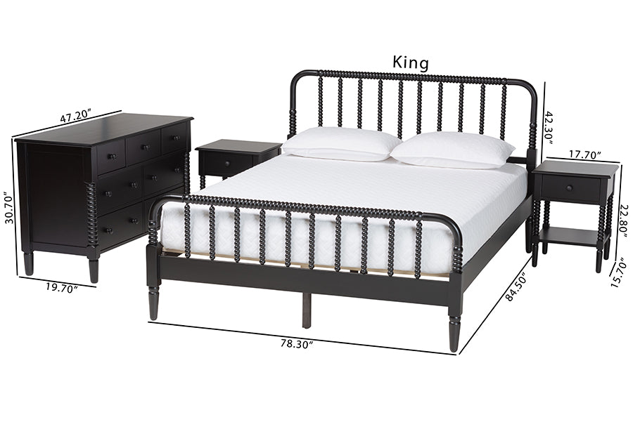 Baxton Studio Braith Farmhouse Black Spindle Wood King Size 4-Piece Bedroom Set with Two Nightstands FredCo