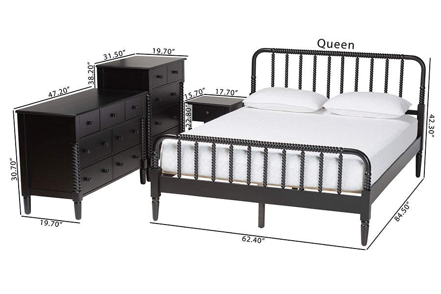 Baxton Studio Braith Farmhouse Black Spindle Wood Queen Size 4-Piece Bedroom Set FredCo