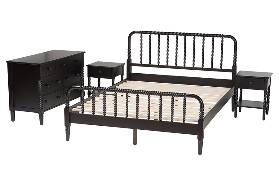 Baxton Studio Braith Farmhouse Black Spindle Wood Queen Size 4-Piece Bedroom Set with Two Nightstands FredCo