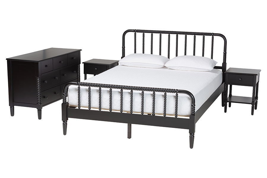 Baxton Studio Braith Farmhouse Black Spindle Wood Queen Size 4-Piece Bedroom Set with Two Nightstands FredCo