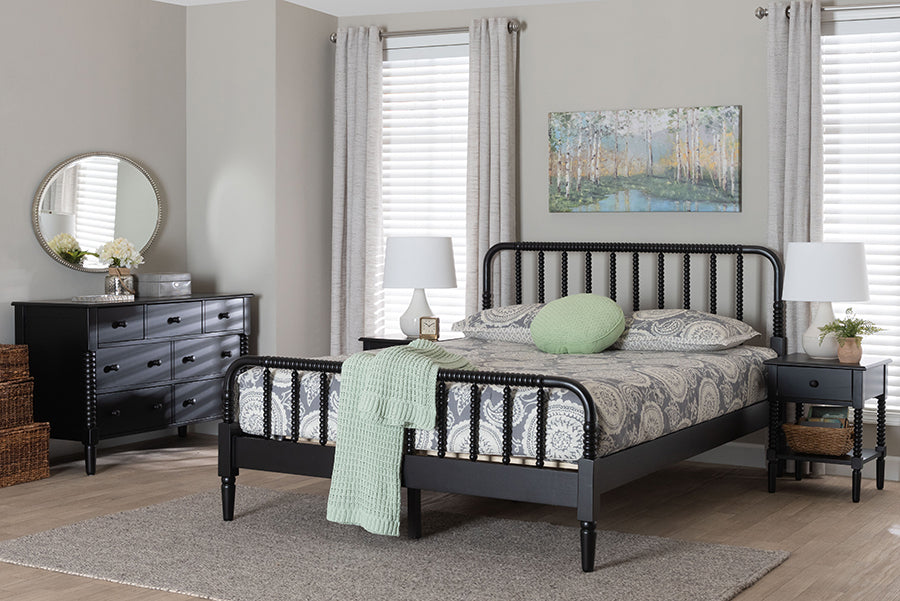 Baxton Studio Braith Farmhouse Black Spindle Wood Queen Size 4-Piece Bedroom Set with Two Nightstands FredCo